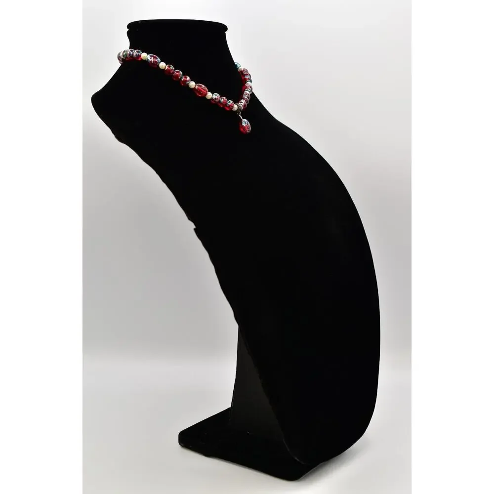 Vintage Collar Glass Beaded Necklace Red White Faux Pearl Metallic Foil BinBD
